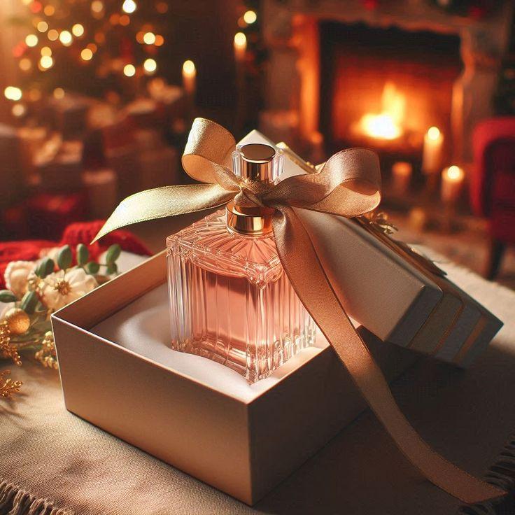 Elegantes Parfumflakon mit goldener Schleife in einer Geschenkbox vor einem warmen Kaminfeuer – Symbol für Luxus, Exklusivität und besondere Geschenke für Parfumliebhaber.
