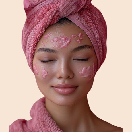 Junge Frau mit rosa Handtuch um Kopf und Schultern, entspannt mit geschlossenen Augen, trägt eine rosafarbene Gesichtsmaske auf ihrer Haut. Symbol für Hautpflege und Wellness.