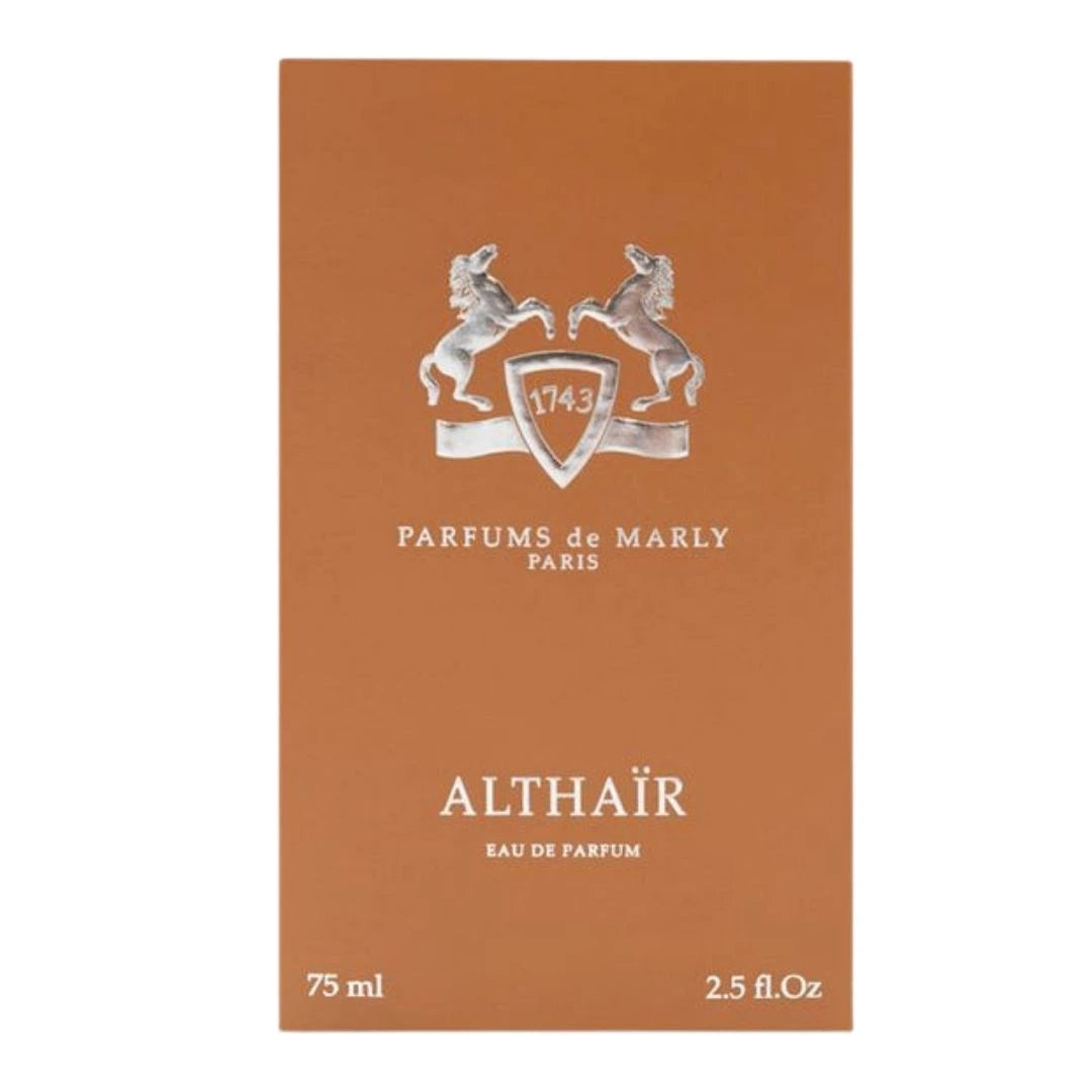 Parfümreich – Originalverpackung des Parfums de Marly Althaïr, Eau de Parfum, in stilvollem Braunton mit weißem Markenlogo.