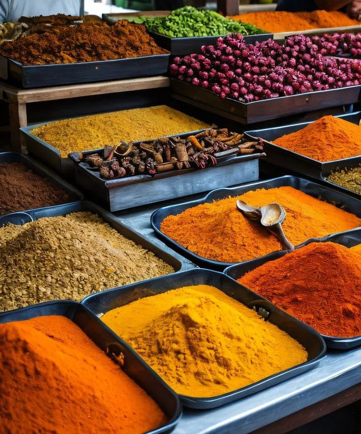 Bunte Gewürze wie Zimt, Kurkuma, Kardamom und getrocknete Beeren auf einem orientalischen Markt – Sinnbild für die Duftinspiration von Althair Parfums de Marly.
